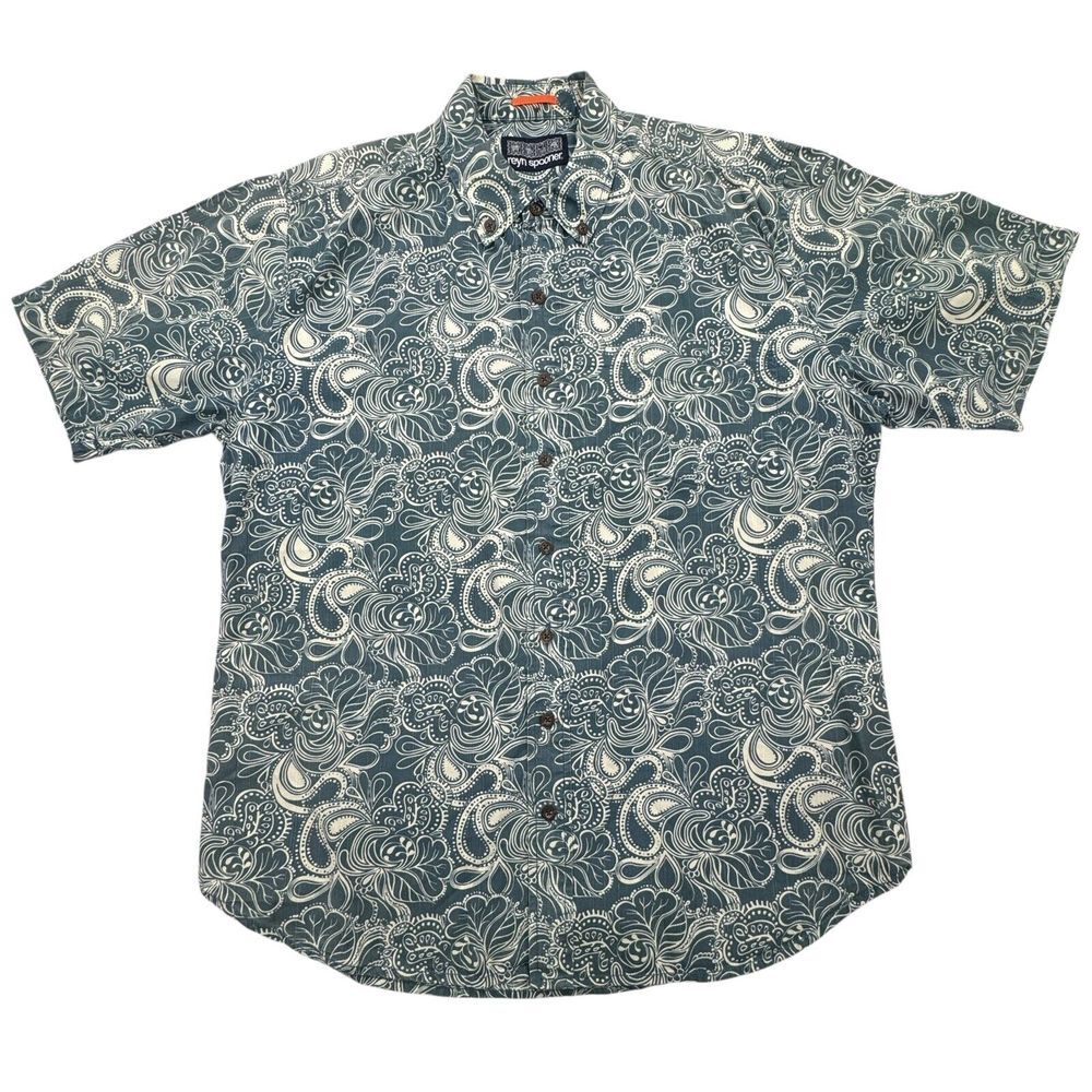 Reyn Spooner Shirt Mens Large Gray White Paisley Short Sleeve Casual Button Down